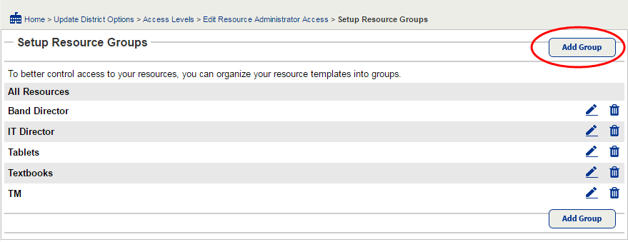 Setup Resource Groups page with Add Group highlighted.